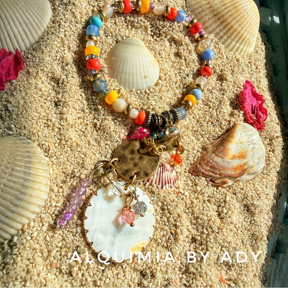 🌵💙 Turquoise & Gold Gemstones Charm Bracelet —  MOTHER OF PEARL